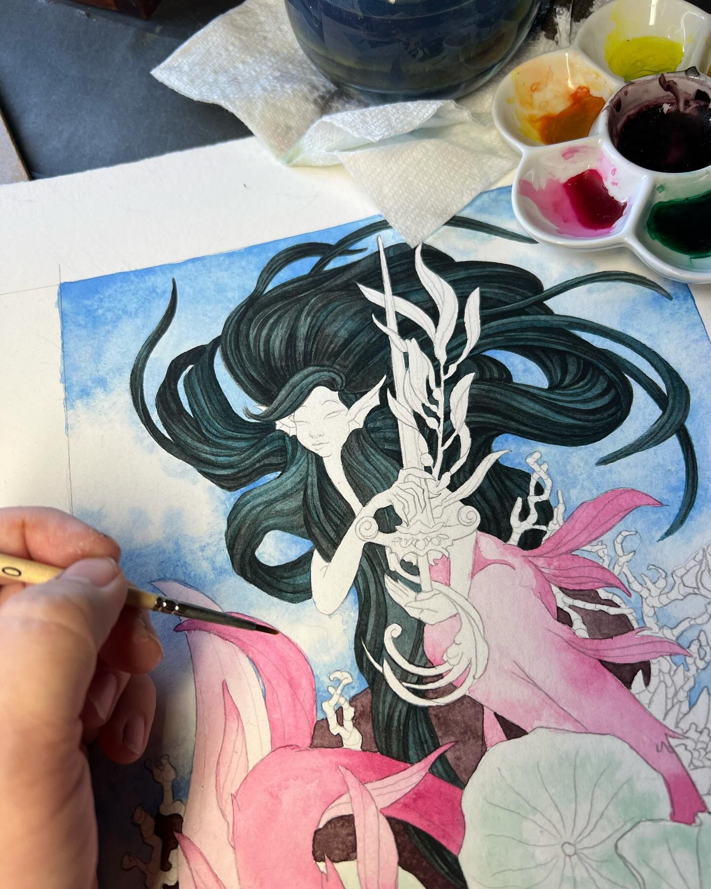 💛 Slowly building up colors on my Ace of Swords watercolor painting for @78tarot 🩷 

#aceofswords #78tarot #tarot #tarotart #tarotcard #mermaid #mermaidhair #mermay2024 #mermay #mermaidcore #watercolor #handmadewithlove #watercolorpainting #workinp