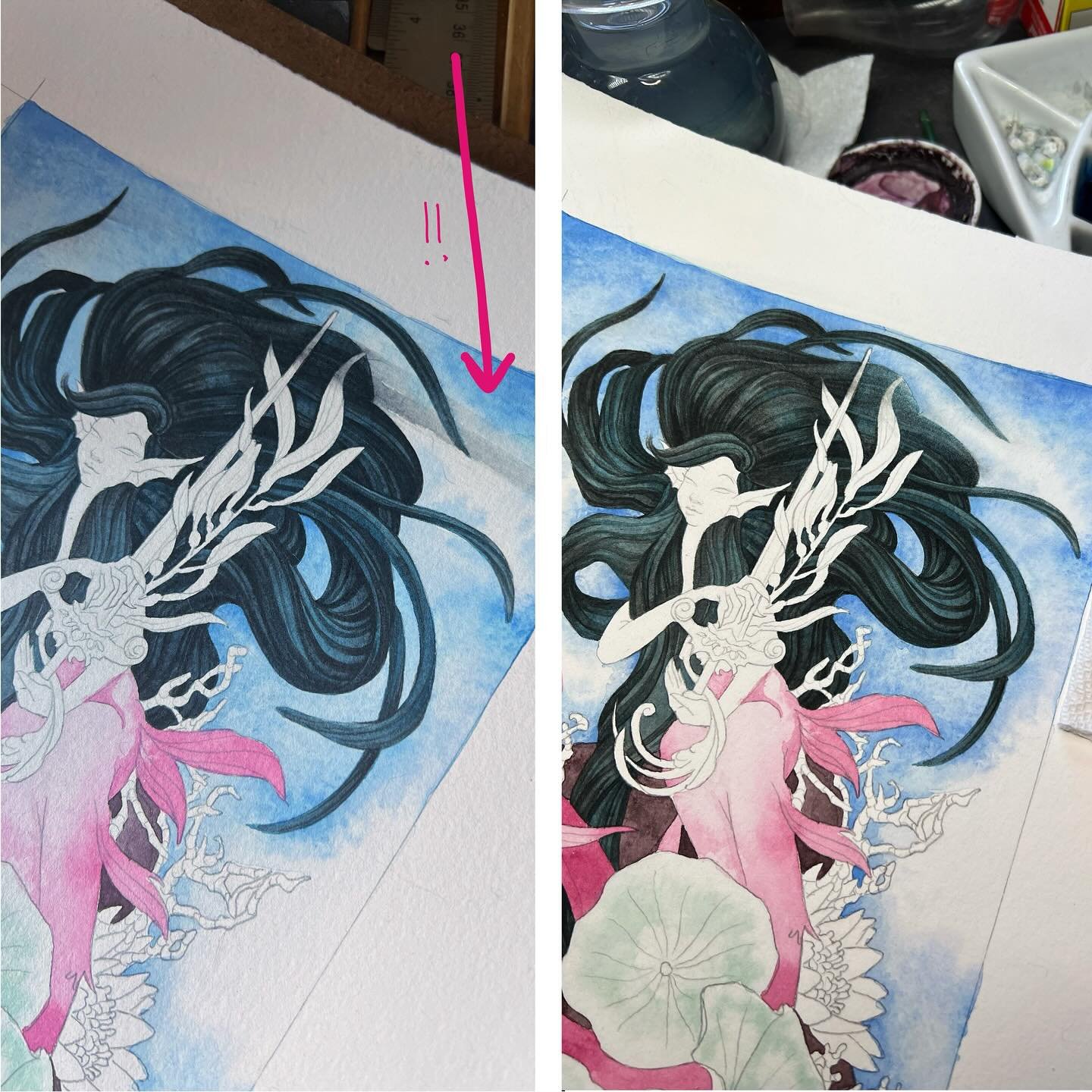 🩷🌸 My time as an art restorer comes in handy when I mess up a painting 😂 There&rsquo;s still a little touch-up left to do, but I wanna get the rest of the painting up to snuff first 🩷🌸 

🩷🌸 Wish me luck that I don&rsquo;t mess it up again 🫠


