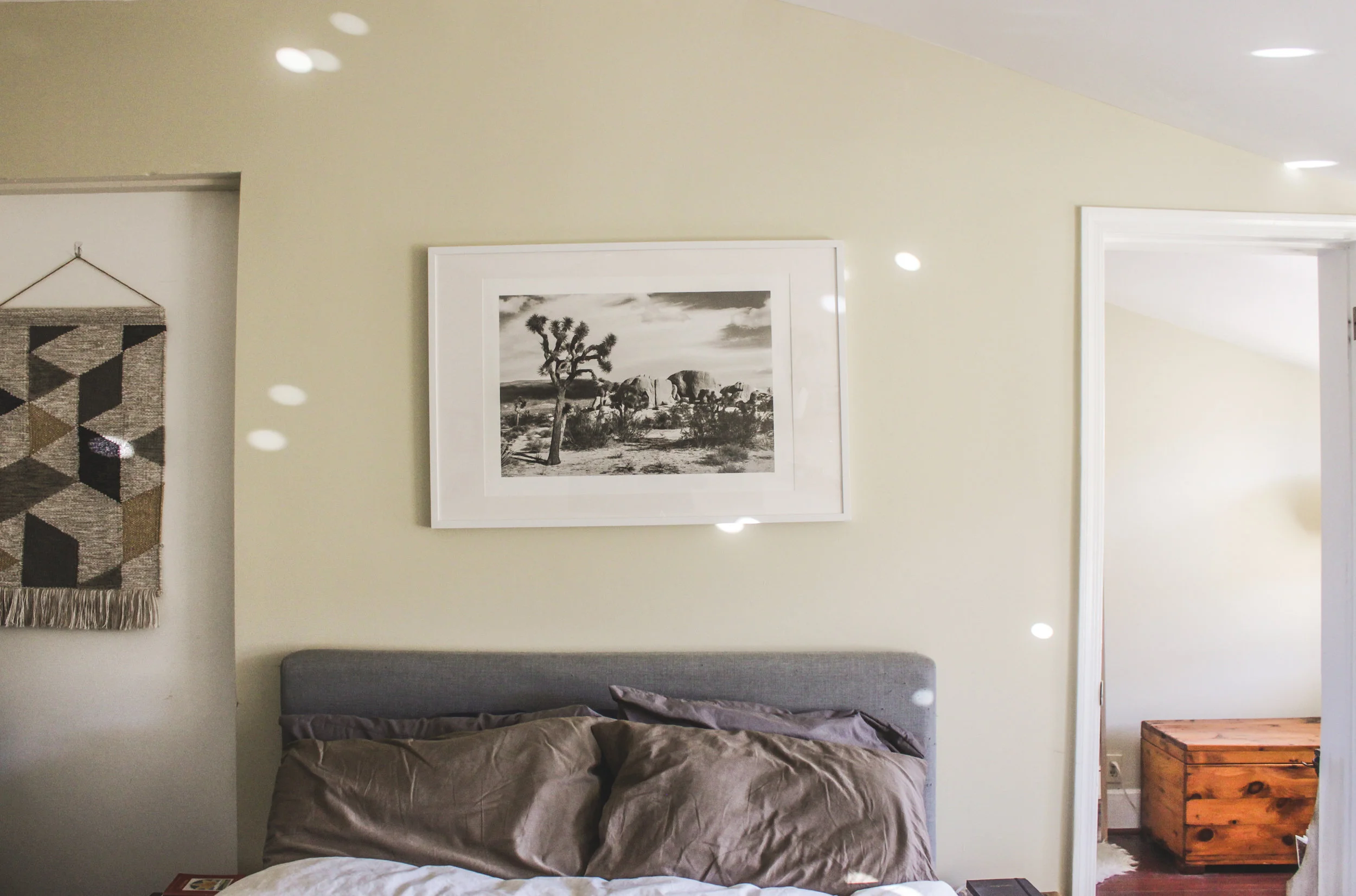 joshua tree print: society 6 // tufted bed frame: jet.com // wall hanging: target // cedar trunk: thrifted