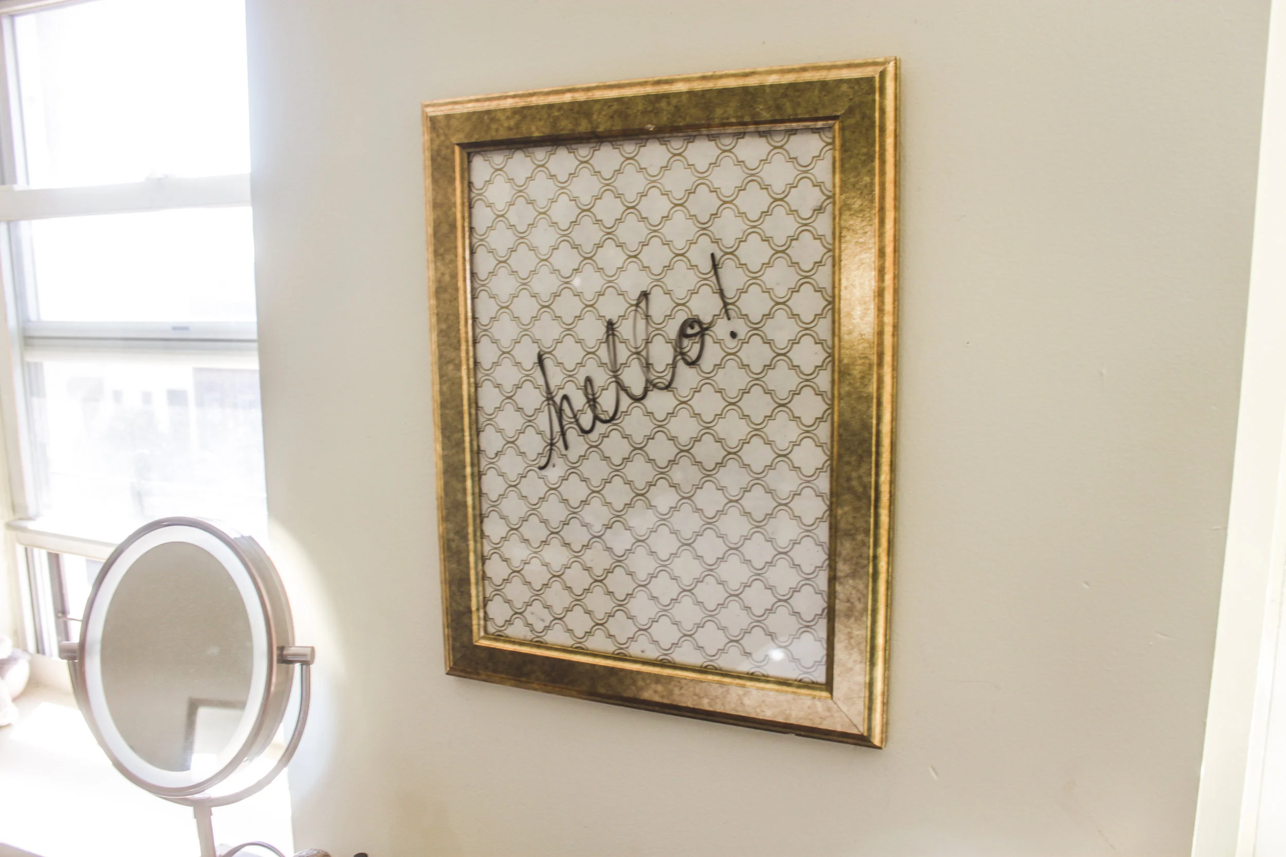 DIY dry erase board: ikea frame + scrapbook paper