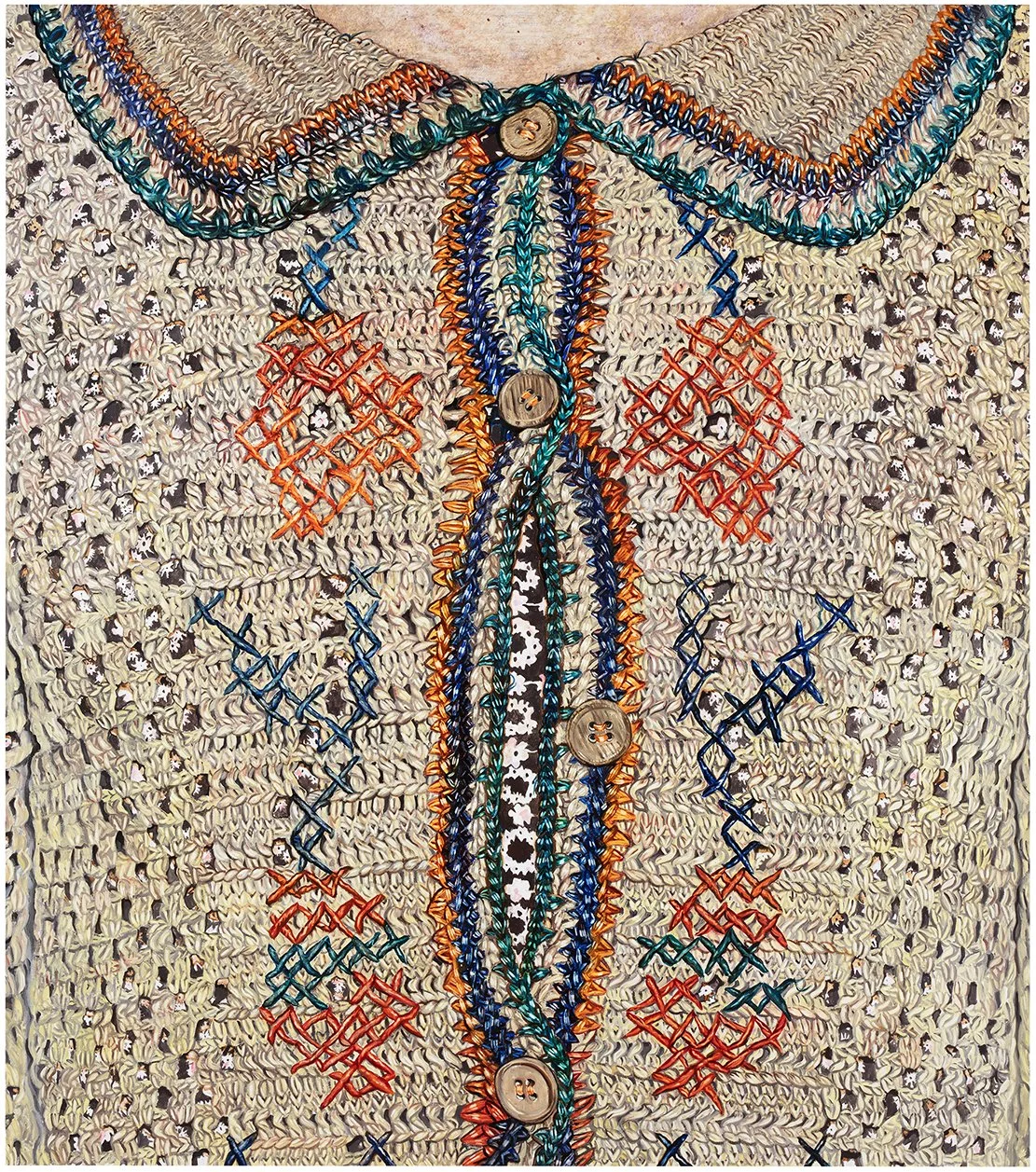 Composition with an embroidered cardigan, a flower- pattern blouse, and four wooden buttons, one quietly open / 2025, oil on canvas, 170 x 150 cm
