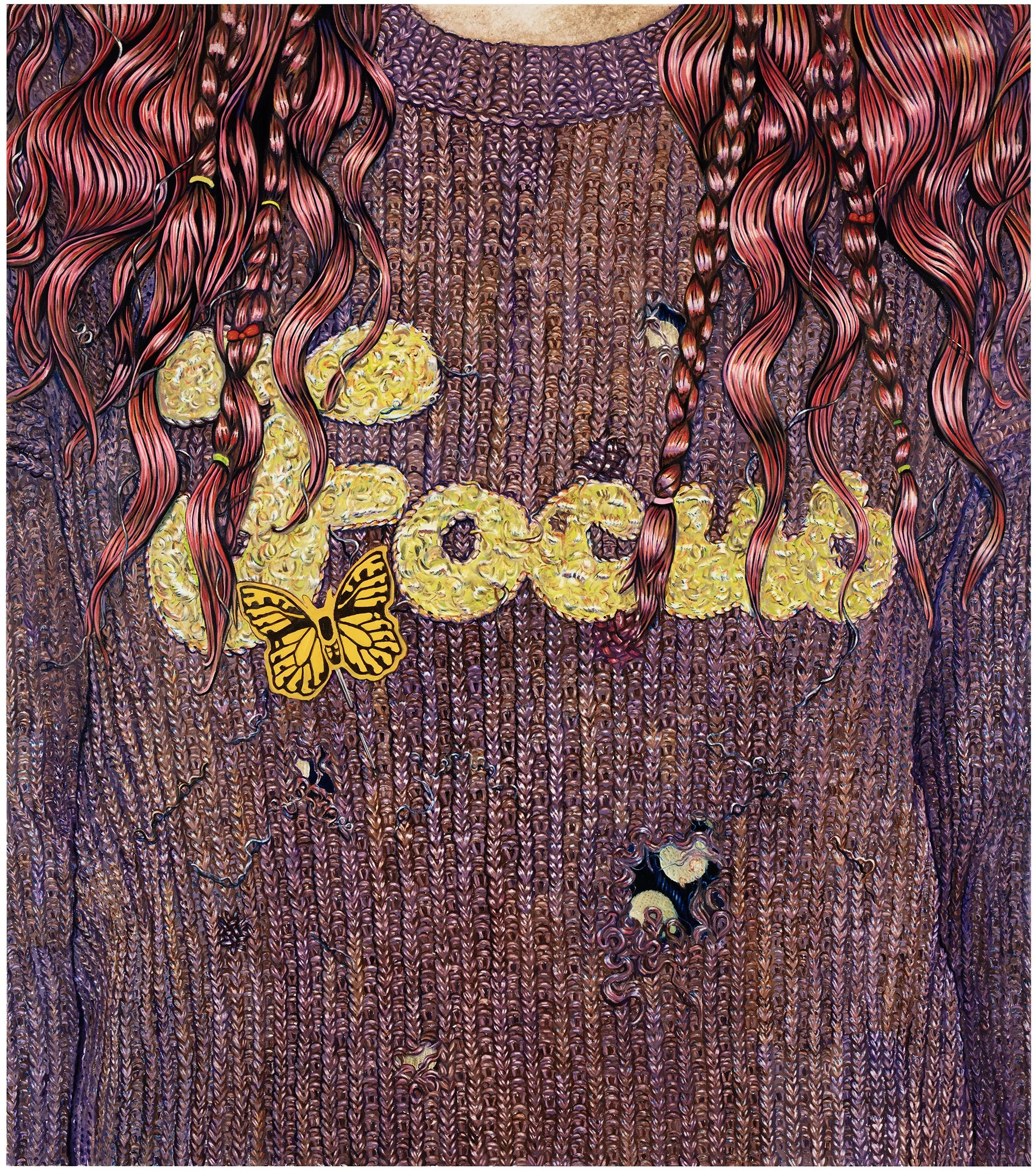 Composition with freshly dyed hair, a secondhand sweater, and a butterfly pin picked up from the street / 2025, oil on canvas, 170 x 150 cm