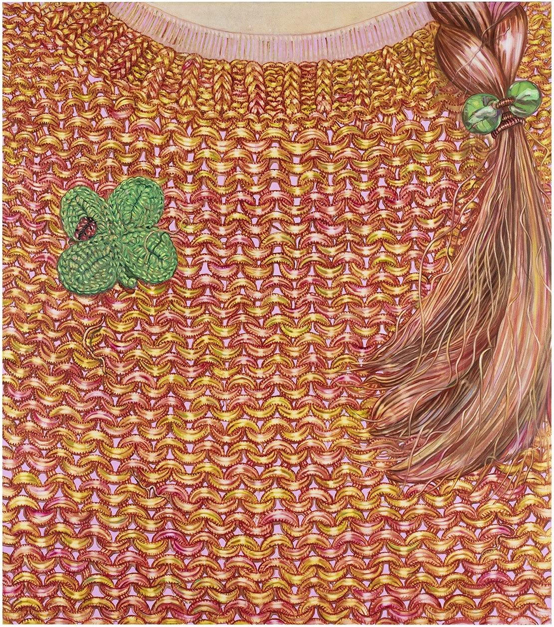 Composition with green accessories, a braid and a lucky jumper / 2023-2024, oil on canvas, 170 x 150 cm