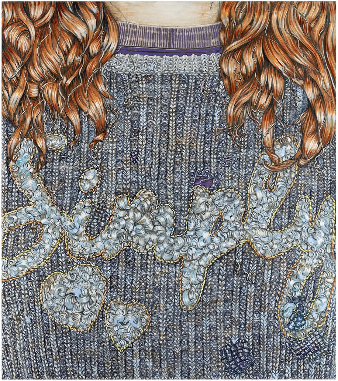 Composition with a freshly dyed hair and secondhand sweater / 2023-2024, oil on canvas, 170 x 150 cm