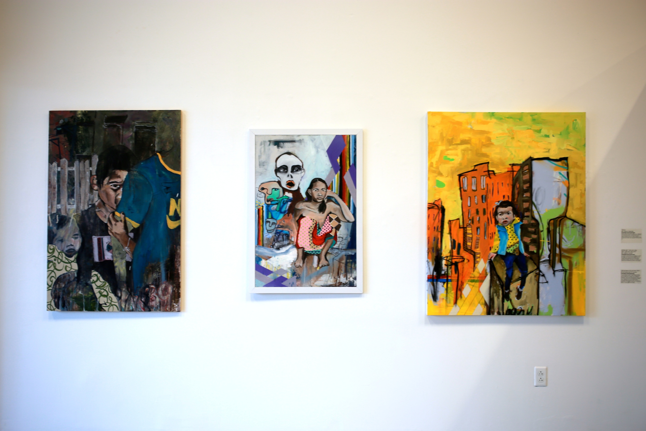 Left to Right: "Tied up", "Mother with 7 kids and a dog, feed 7 kids and a dog, 2014", and "Call me back at the god hour, 2014", mixed media paintings by Chantala Kommanivanh