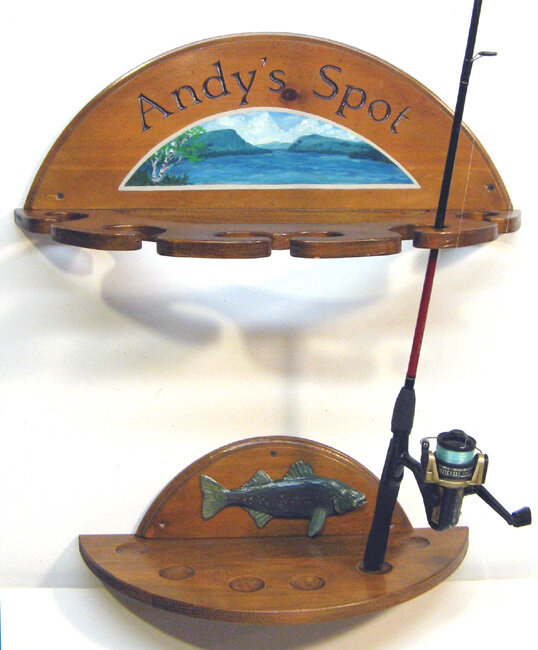  Designed, fabricated a fish pole holder. Sculpted ‘add-on’ fish with lake illustration. For my dad, Andy. 