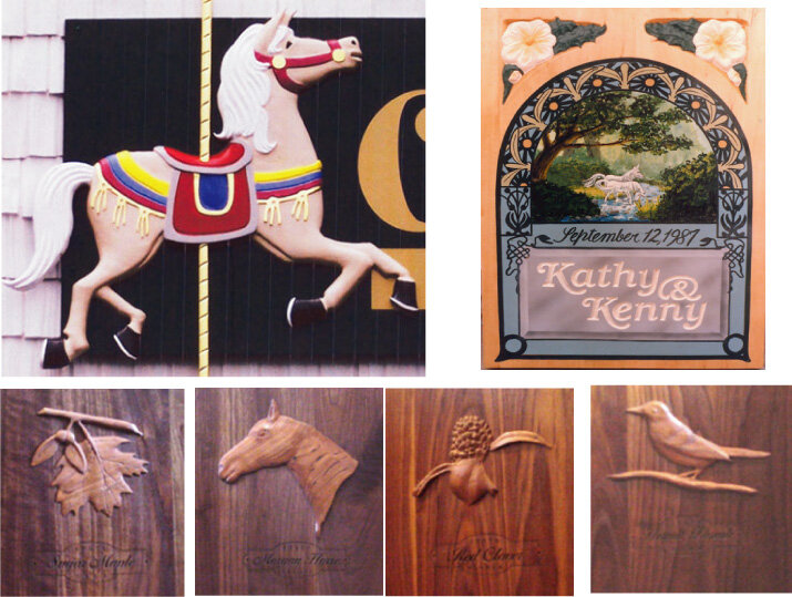  Top L. Carousel horse 3’x5’, sculpted and hand illustrated. Top R. Wedding gift. Sugar pine panel, bas relief sculpted flowers, carved names, hand painted illustration and lettering. Bottom. The 4 VT State symbols bas relief sculpted in  1/4” cherry