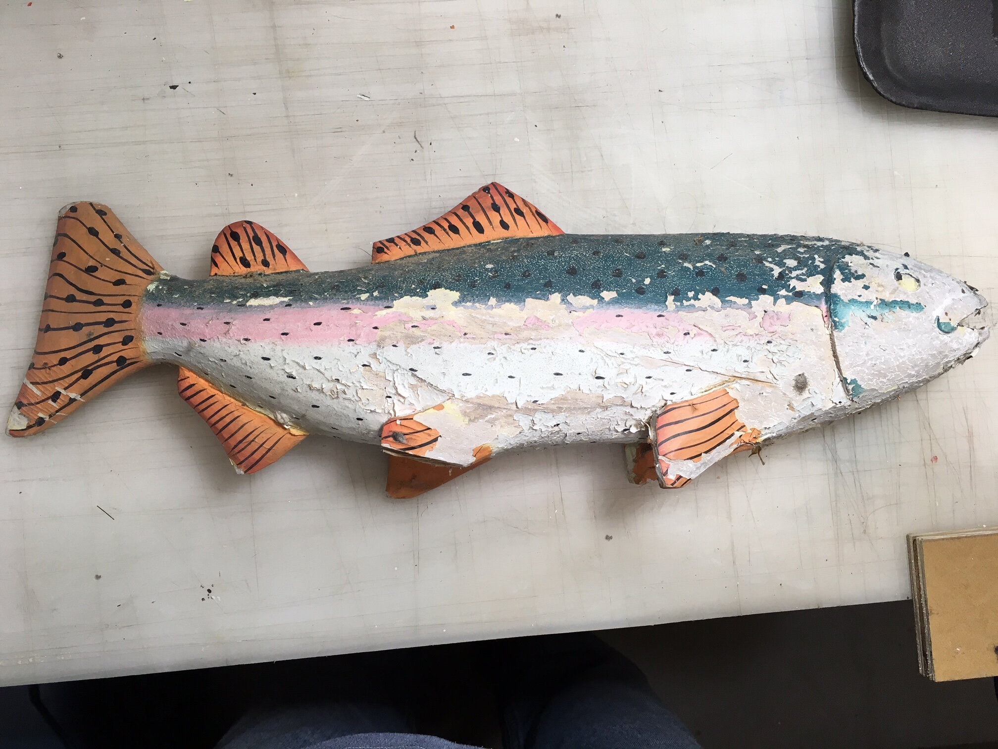  An heirloom sculpted trout to a set of wind chimes. Before restoration 
