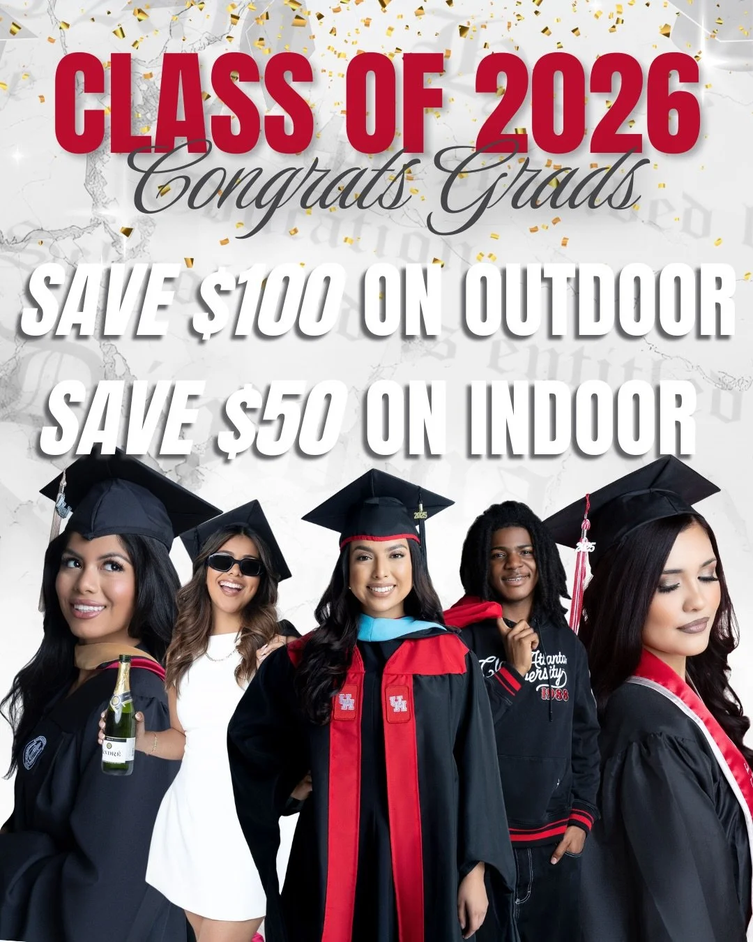 CLASS OF 2026 &mdash; this is YOUR year 🎓✨
We&rsquo;re celebrating our future grads in a BIG way!
🌿 Outdoor Sessions are now $100 OFF
🏢 Indoor Studio Sessions are $50 OFF
Whether you&rsquo;re dreaming of golden hour glow or a bold, editorial studi