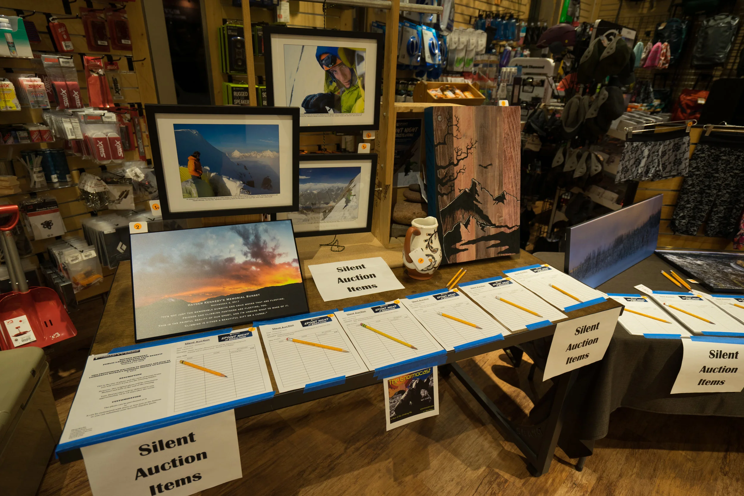 Silent Auction Prizes donated by the Kennedy Family, David Clark, Shala Savaiano, the Carbondale Clay Center, and Dale Armstrong.