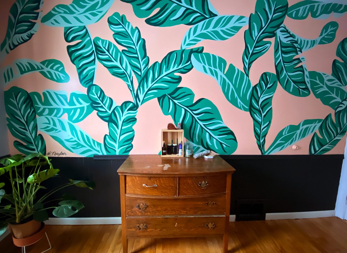 Tropical Bathroom Mural with banana leaves painted in Michigan