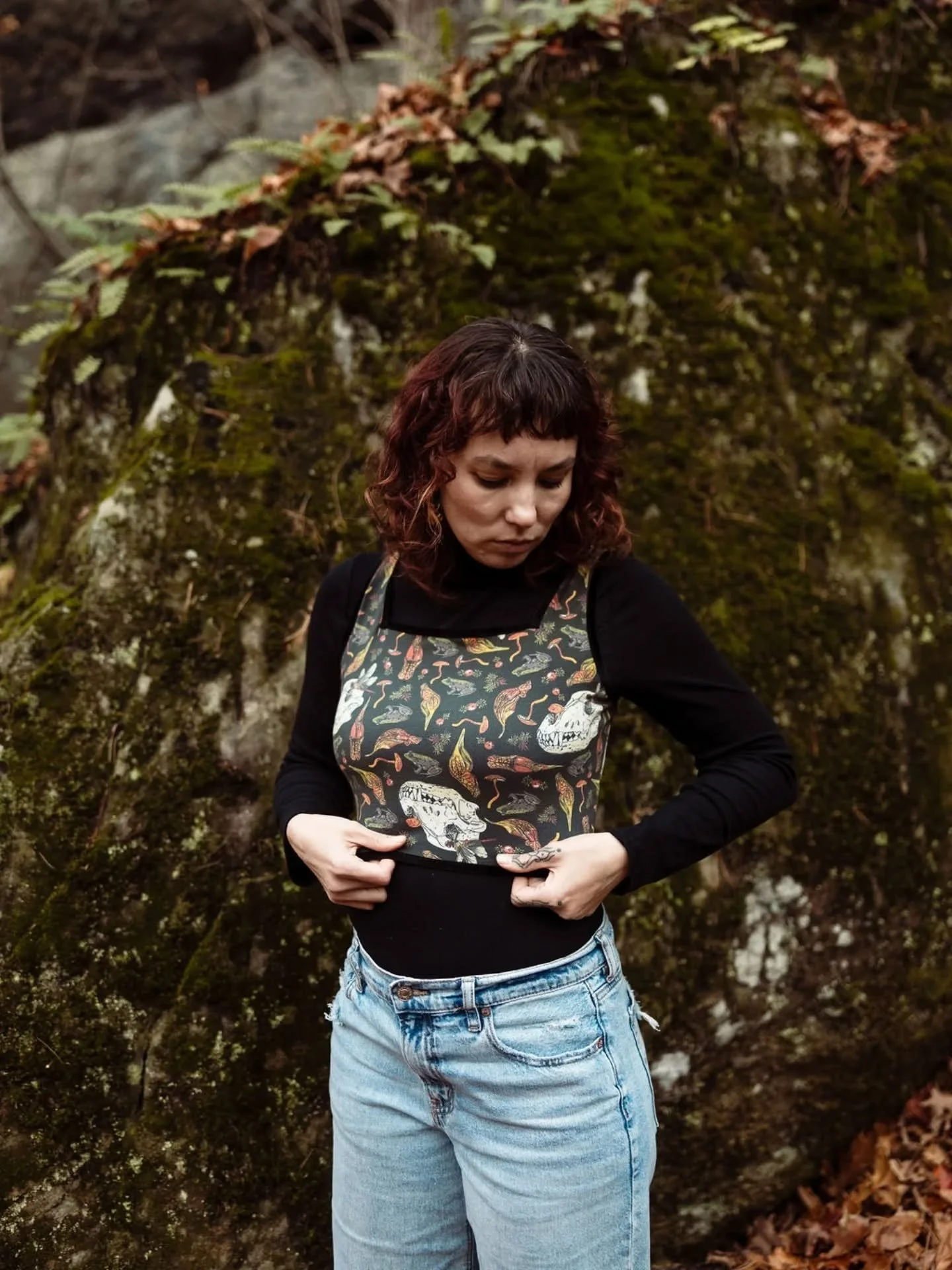 Bog Crops in the Carnivore pattern. Sewn by the talented Tova Lis Intimates. Comfy cotton jersey with black velvet piping. I will be wearing this all the time, let's be twinsies?