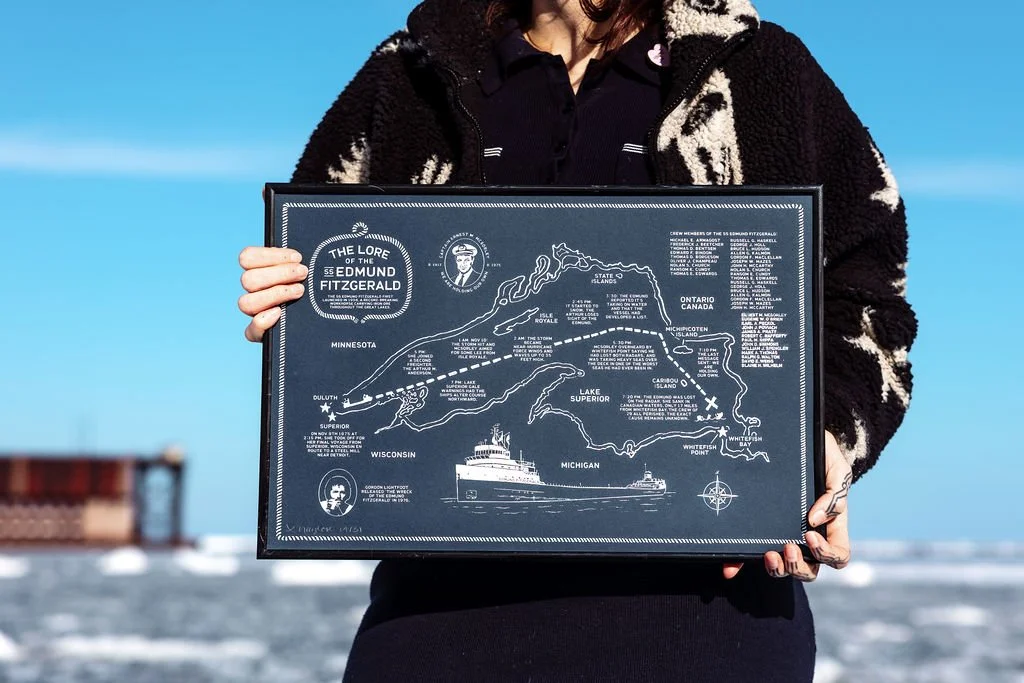 Lore of the Edmund Fitzgerald hand drawn historical map midwest nautical shipwreck