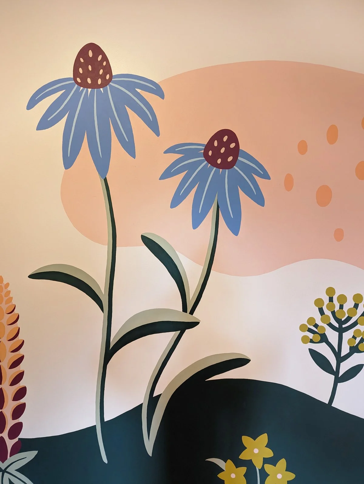 Abstract, modern floral nursery mural in Michigan with sunflower, echinacea (purple coneflower), and lupine.