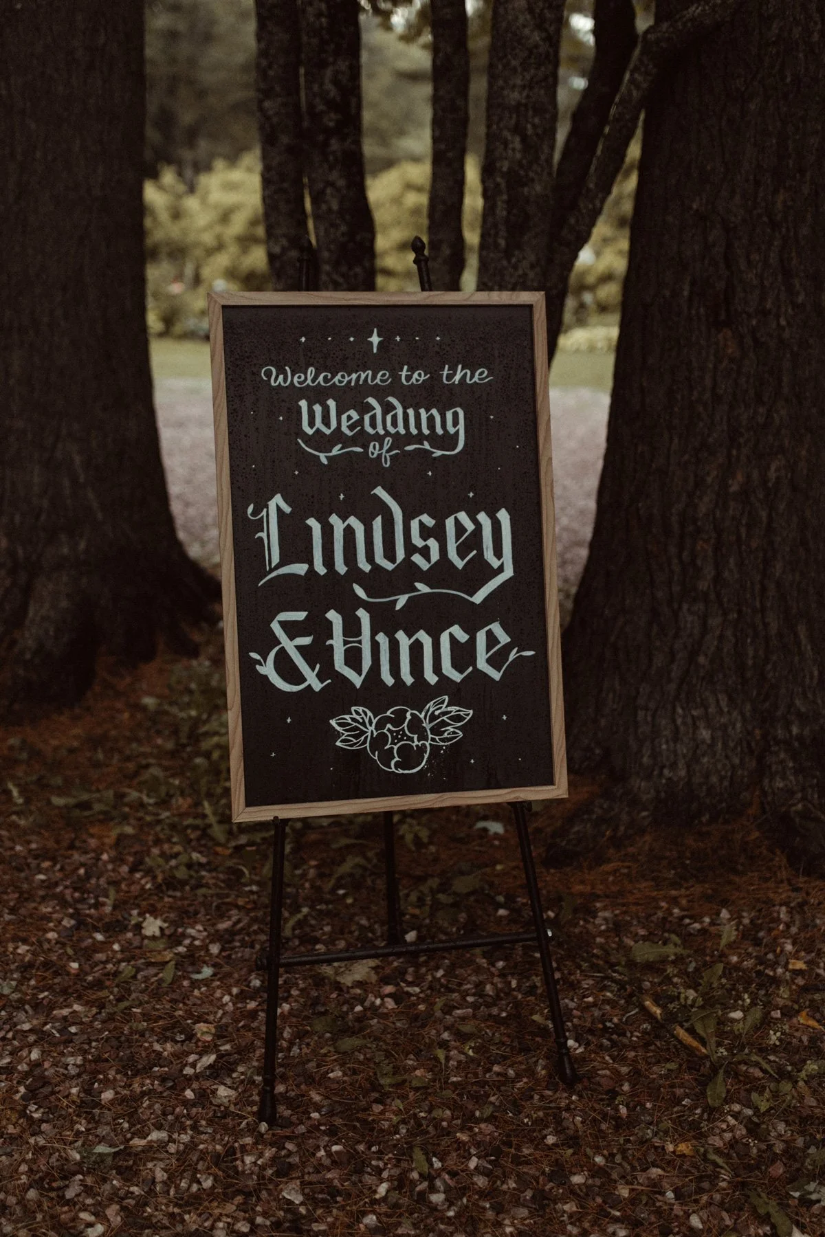 Moody medieval blackletter wedding chalkboard hand lettering, floral.