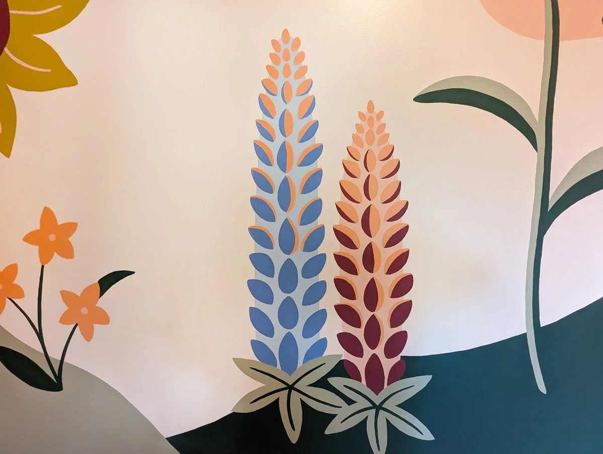 Abstract, modern floral nursery mural in Michigan with sunflower, echinacea, and lupine.