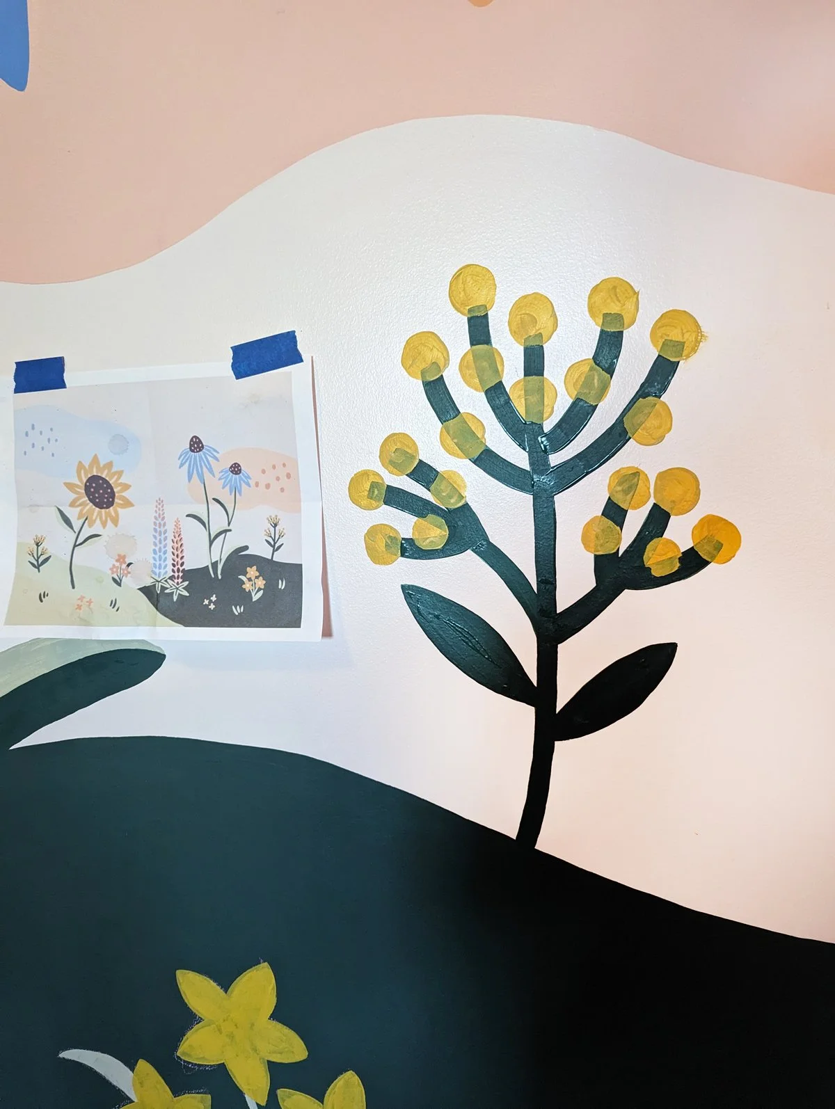 Abstract, modern floral nursery mural in Michigan with sunflower, echinacea, and lupine. Tansy painting process.