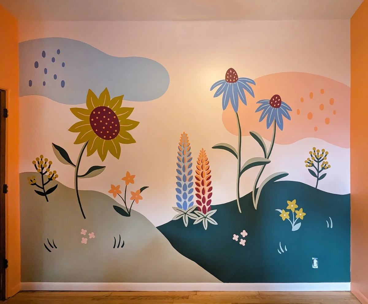Abstract, modern floral nursery mural in Michigan with sunflower, echinacea, and lupine.