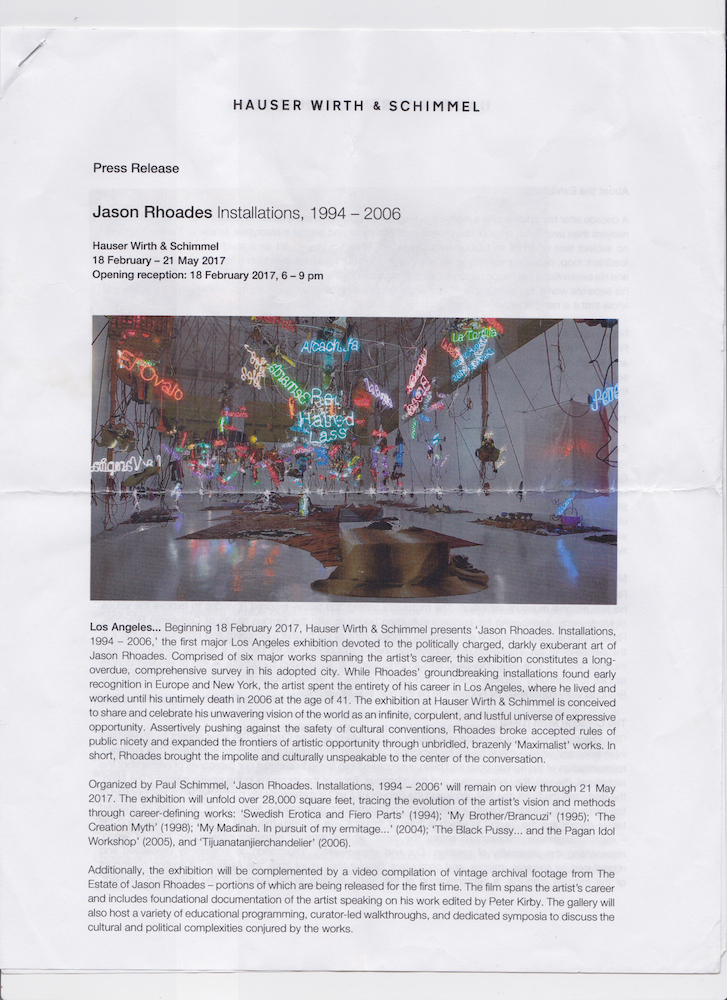  Press Release from Jason Rhodes   Acquired from Hauser &amp; Wirth Los Angeles, March 2017 Scanned October 2018 