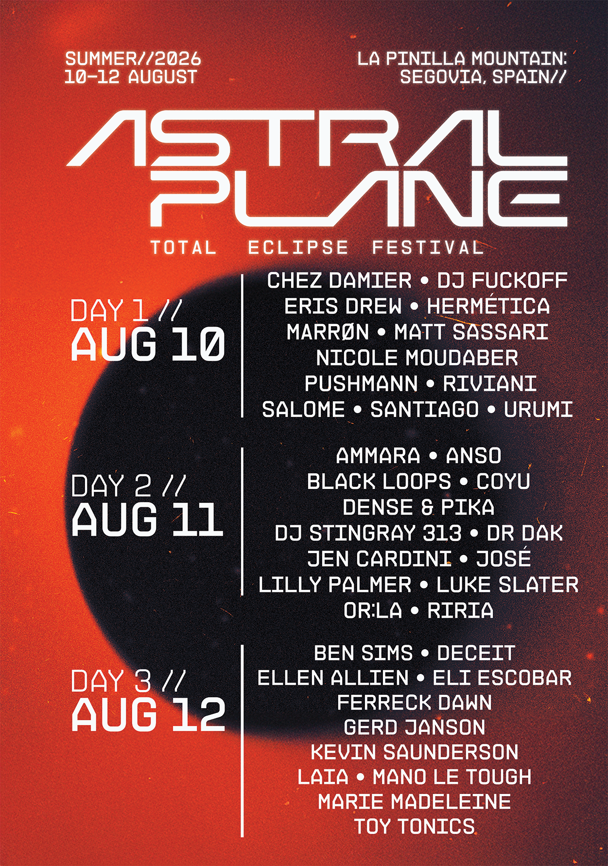 ASTRAL PLANE: TOTAL ECLIPSE FESTIVAL ANNOUNCES DAY SPLITS AND ADDS MORE NAMES TO THE LINE UP: CHEZ DAMIER, LAIA, MARRØN  MATT SASSARI