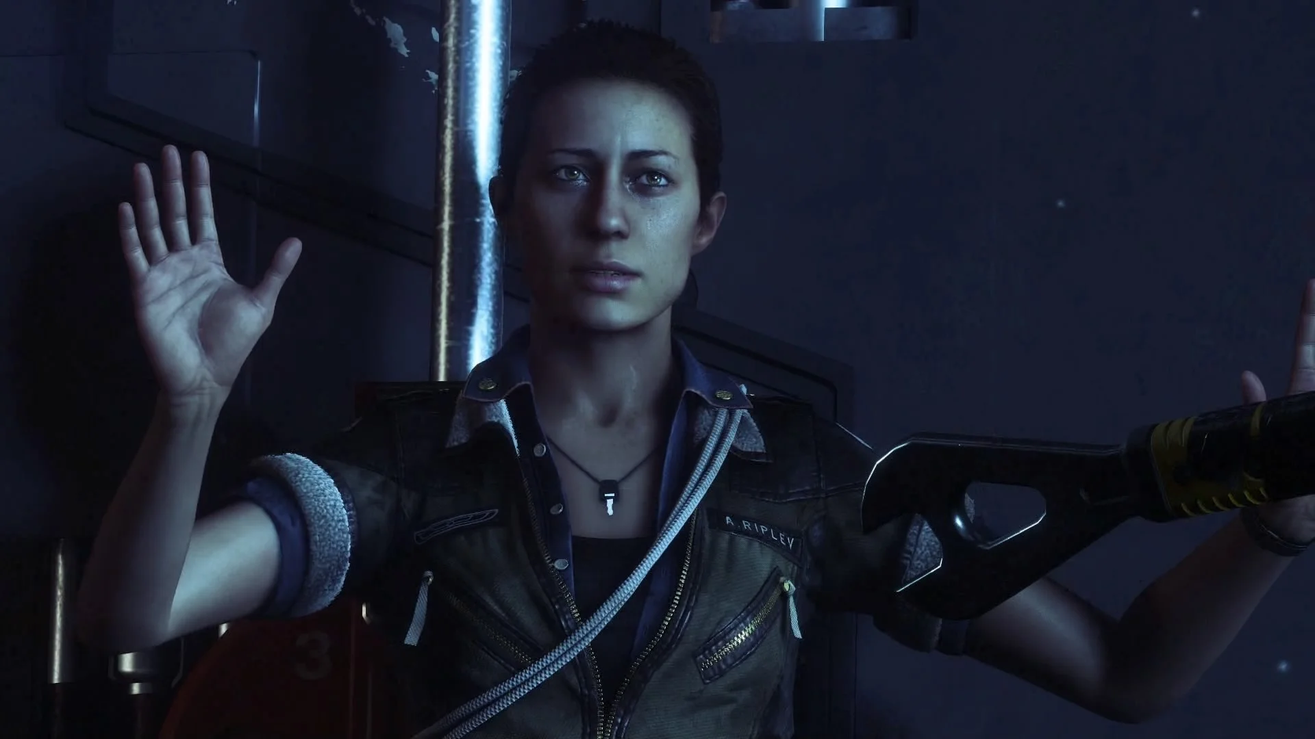 Amanda Ripley about to get fucked up. Seriously, someone's about to whoop her ass with that wrench.