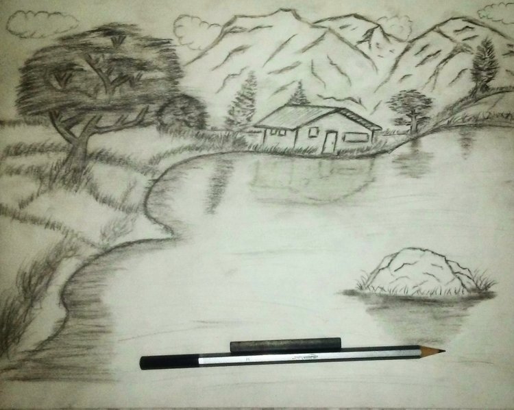 pencil+sketch,+mountain,+water,+rock,+grass,+trees,+hill,+black+and+white,+house,+reflection,+sky.jpg
