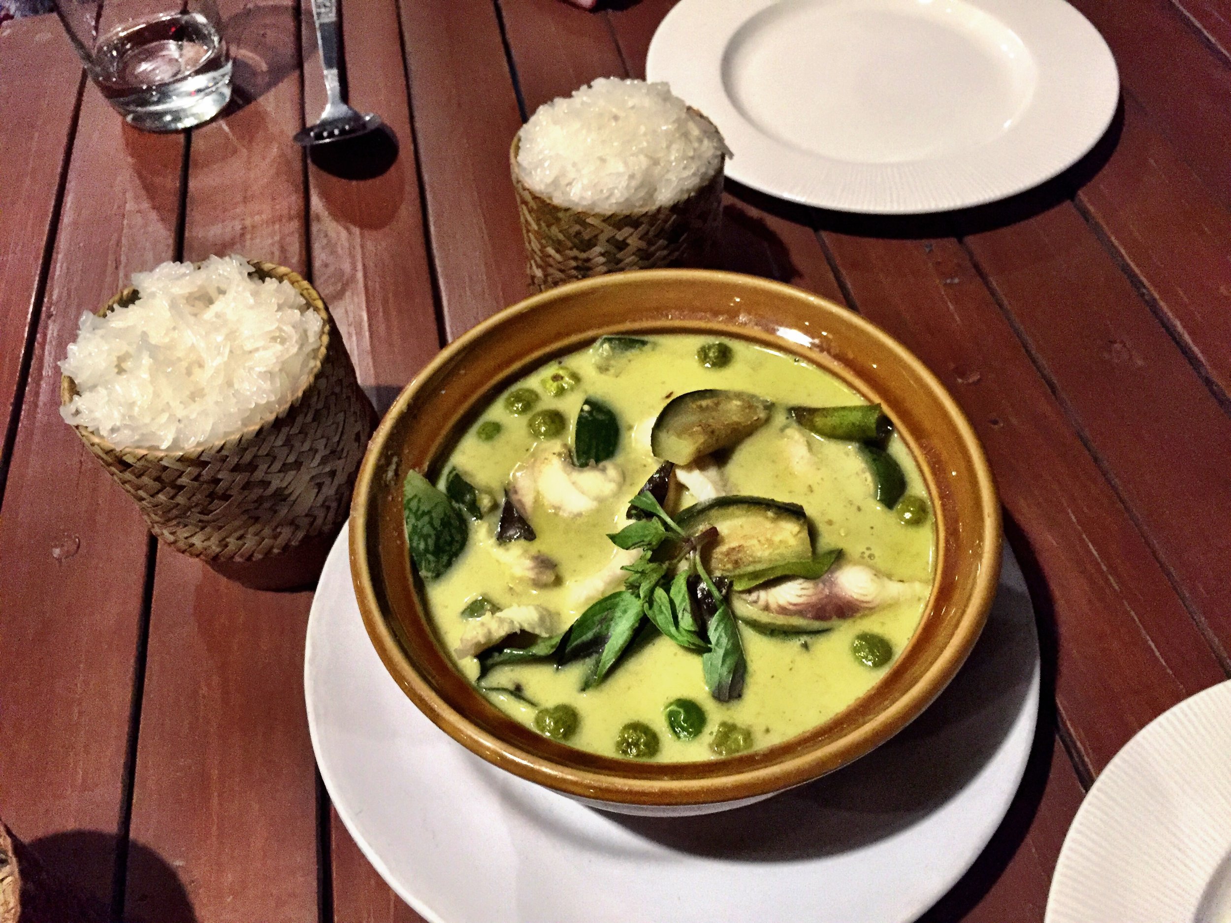 Laos had AMAZING food, like this $3 fish and kampot curry with sticky rice