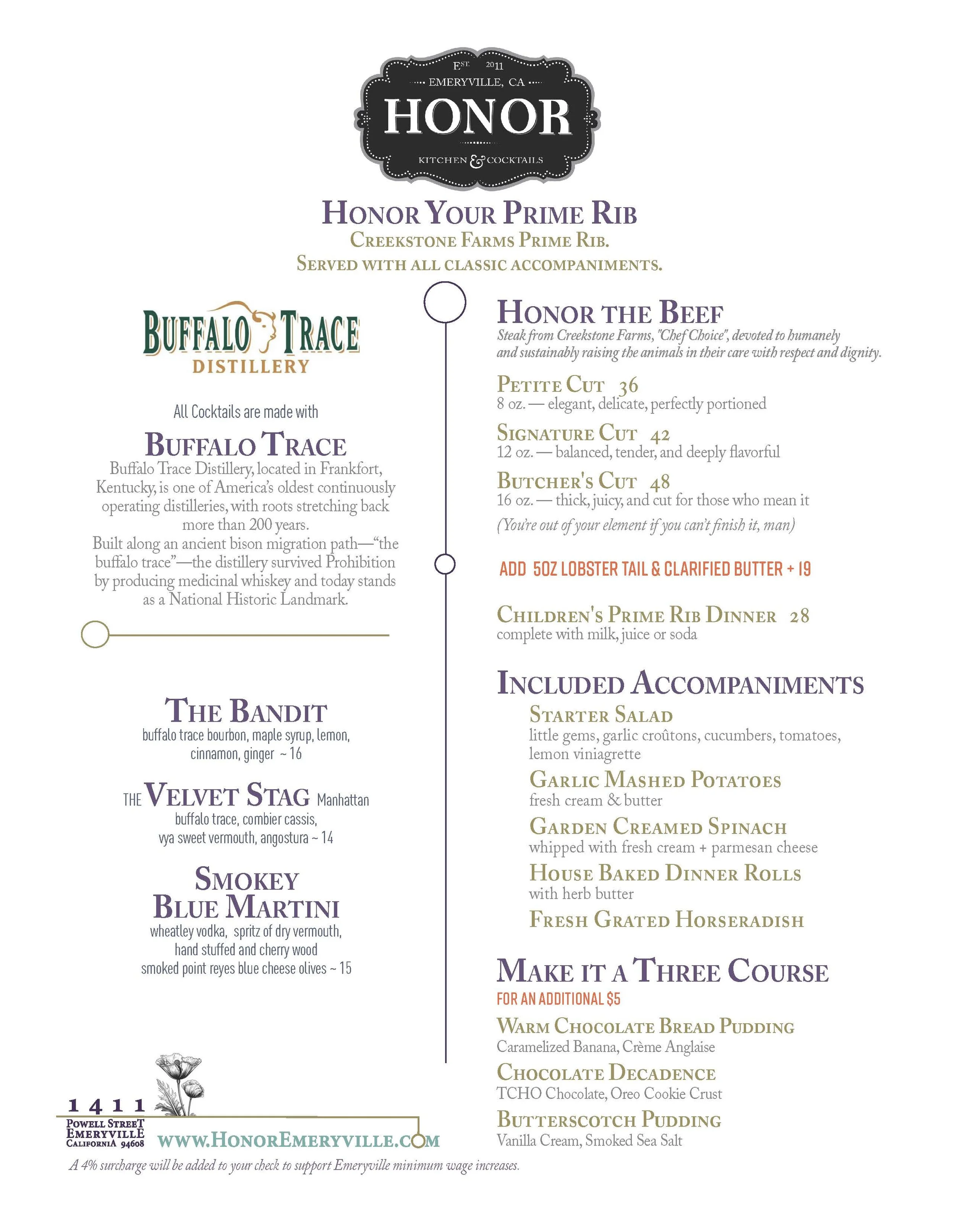 Menu featuring dishes and drinks from Honor restaurant in Emeryville, CA, including prime rib, cocktails, and sides.