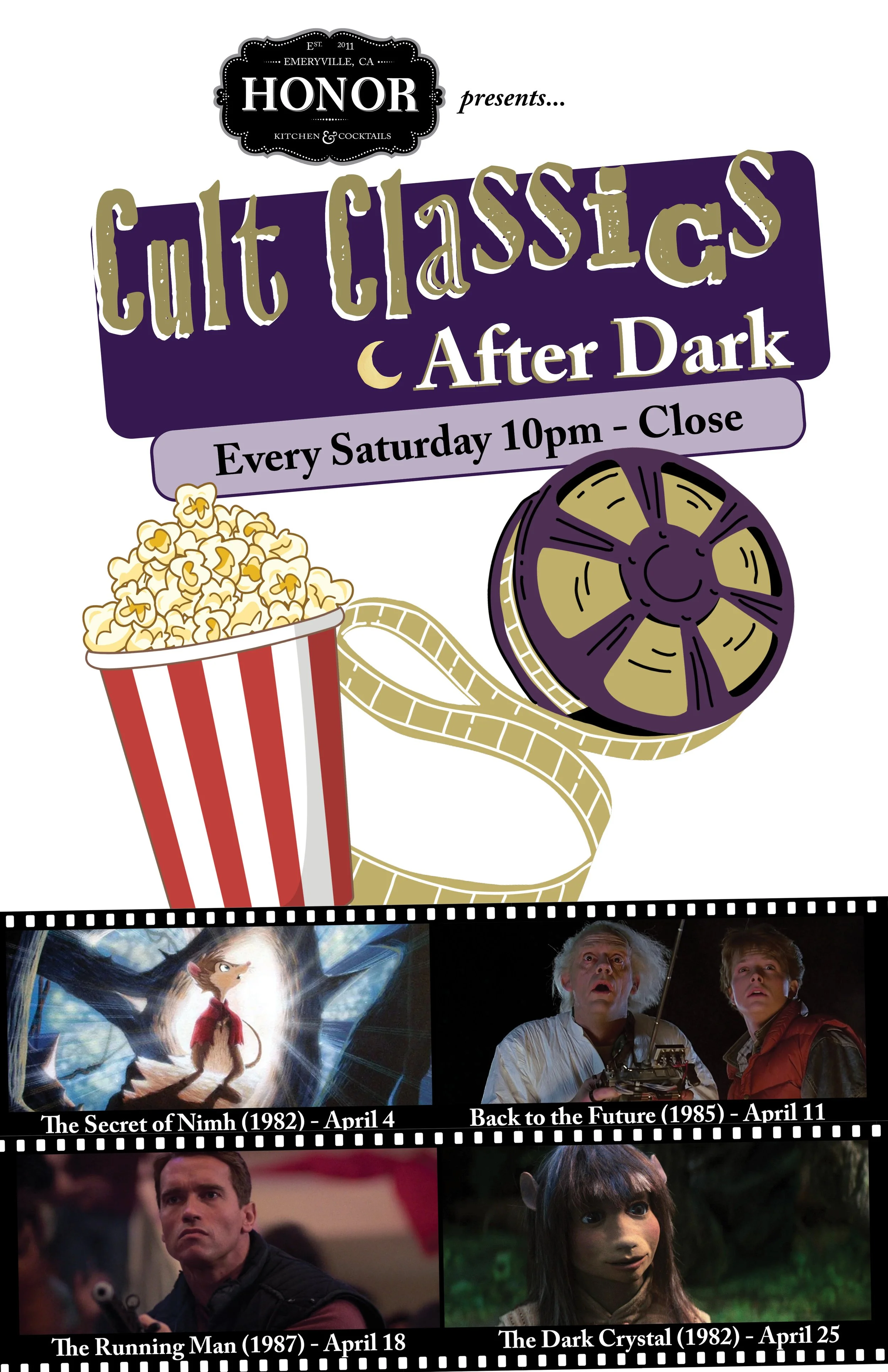 A poster advertising a weekly Saturday movie screening event called 'Cut Classics After Dark' at Honor Kitchen & Cocktails in Emeryville, California. The poster features images from four classic movies with their titles and screening dates: 'The Secret of Nimh' (1982) on April 4, 'Back to the Future' (1985) on April 11, 'The Running Man' (1987) on April 18, and 'The Dark Crystal' (1982) on April 25.