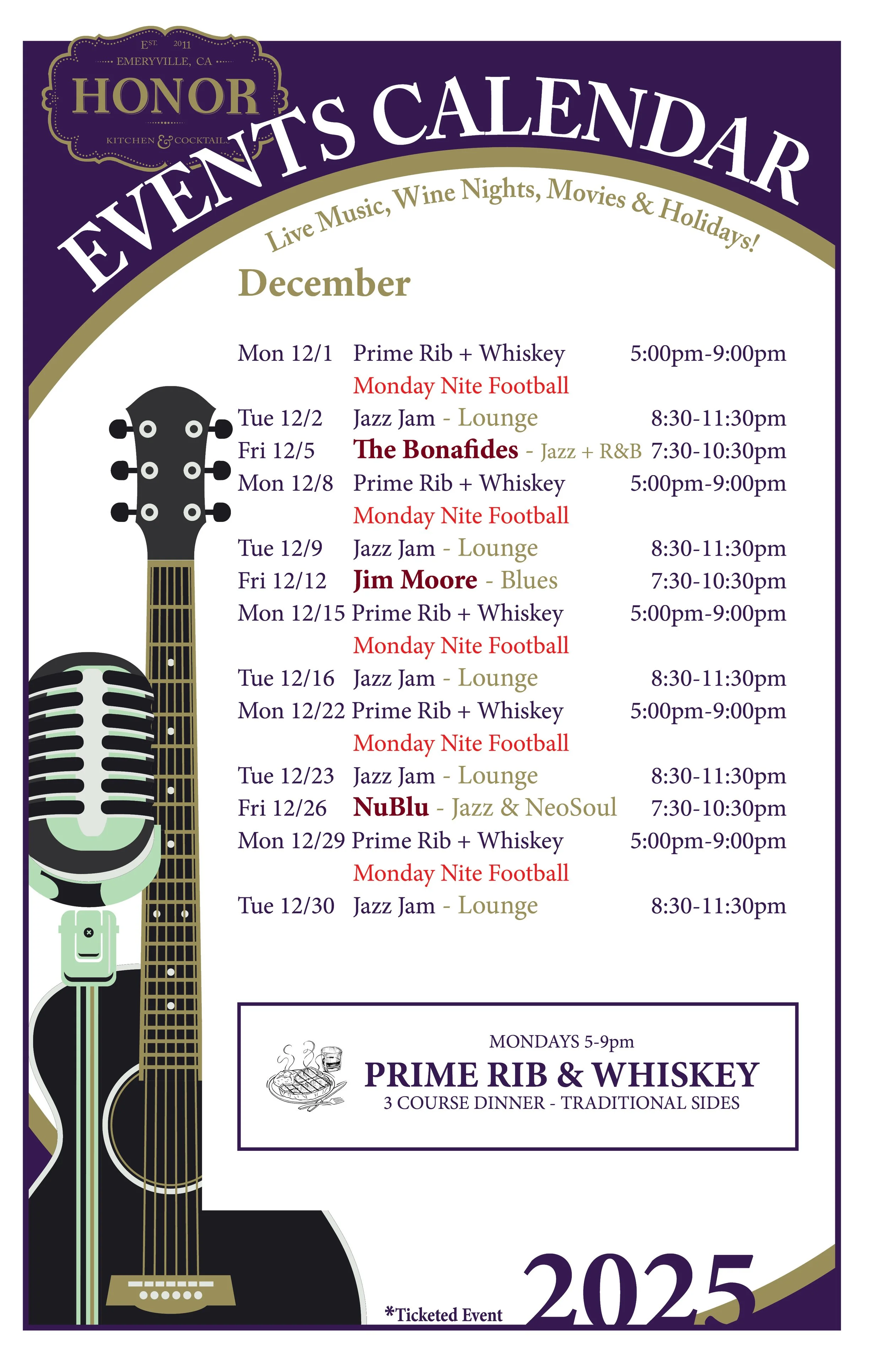 Event calendar for December at Honor Kitchen & Cocktail in Emeryville, California, featuring live music, wine nights, movies, holidays, and football events with scheduled dates and times, including jazz jam sessions, Prime Rib and Whiskey nights, and Monday Night Football.