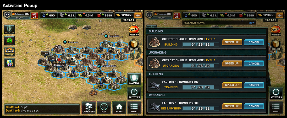 Feature: Activities Popup Goal: To provide the user an activities manager so they can view all buildings that are active. One of the pain points in the game for advanced users is when your base becomes larger, there are a lot more buildings to manage. It became a hassle to click on each active building to check on their status. This Activities Popup was designed so you can see all building activities in a list and be able to speed up or cancel their production.