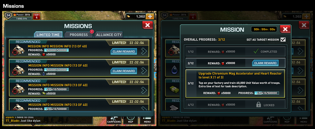 Feature: Missions Goal: A popup that displays timed based challenges for the user to complete and be rewarded. Each mission has a set number of tasks that the user has to complete. User are able to claim the reward for completing a task.