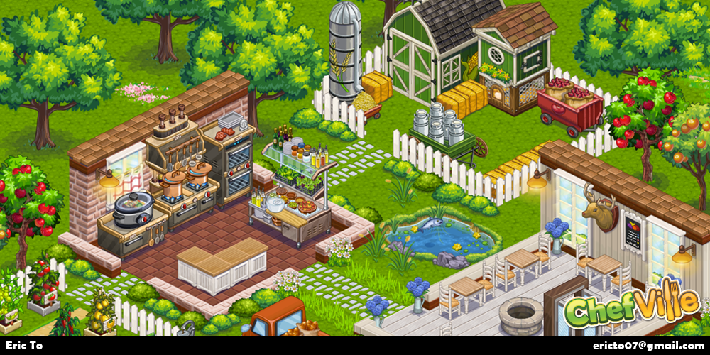 In the game, you can design different types of rooms like a kitchen, dining rooms, and farm area.