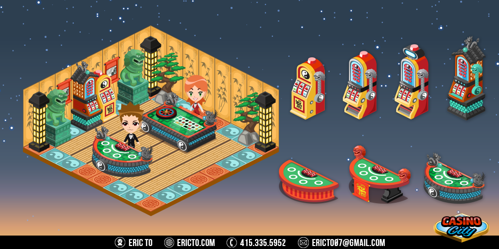 Asian theme - Gambling tables, slots, and decor.