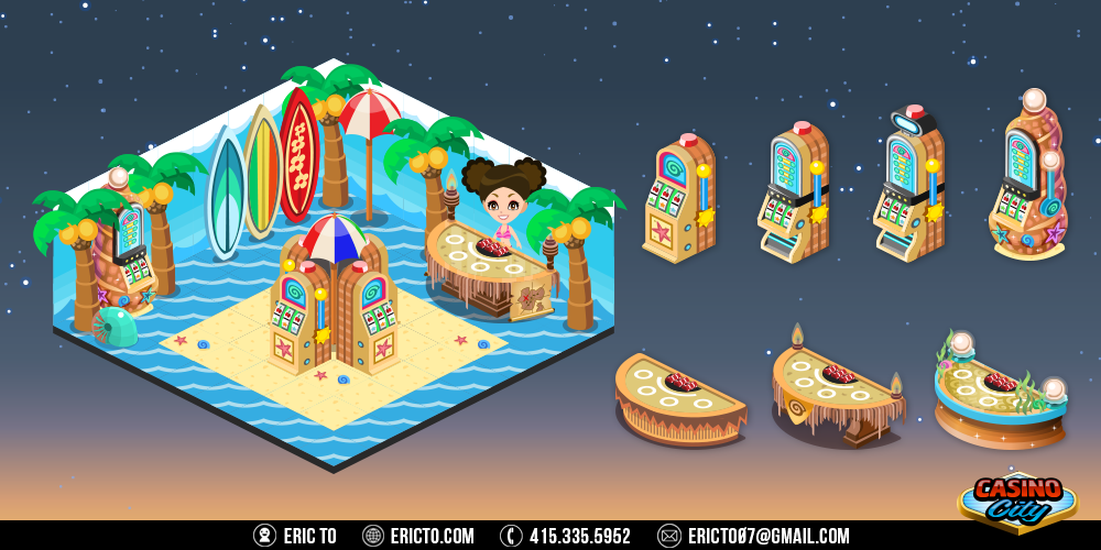Beach theme - Gambling tables, slots, and decor