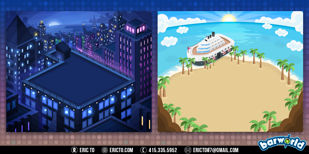Rooftop and beach environments.