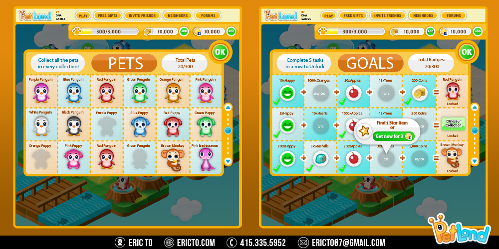 This is a collection screen that shows the pets you have in your collection and also the ones you’re missing. The popup on the right shows a list of goals you can achieve to win new pets.