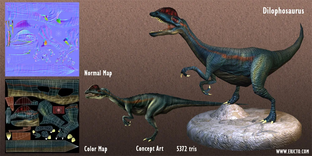3D render of a Dilophosaurus.
