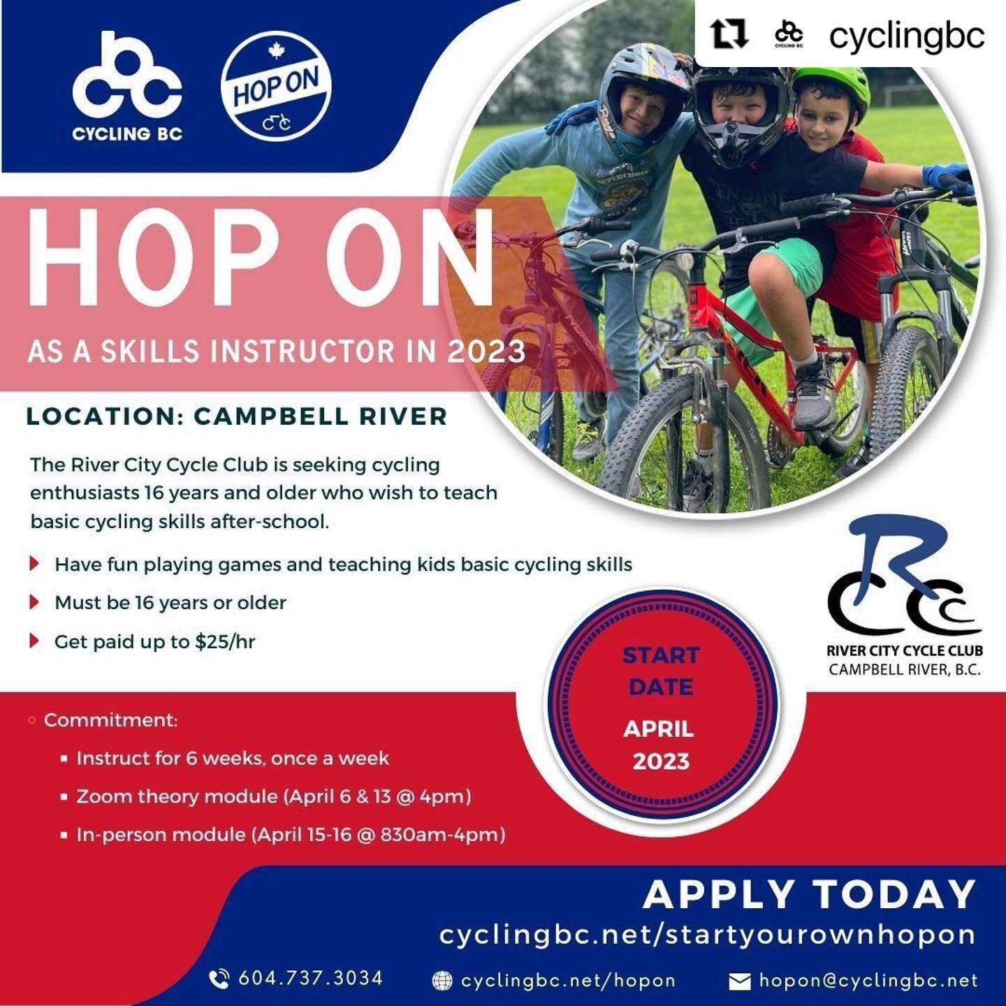 Interested in helping Campbell River youth learn cycling essentials?

We will be hosting Cycling BC Hop On Training April 15 and 16 in Campbell River, with additional required evening zoom session on April 11 and 13.  This is a community coaching cou
