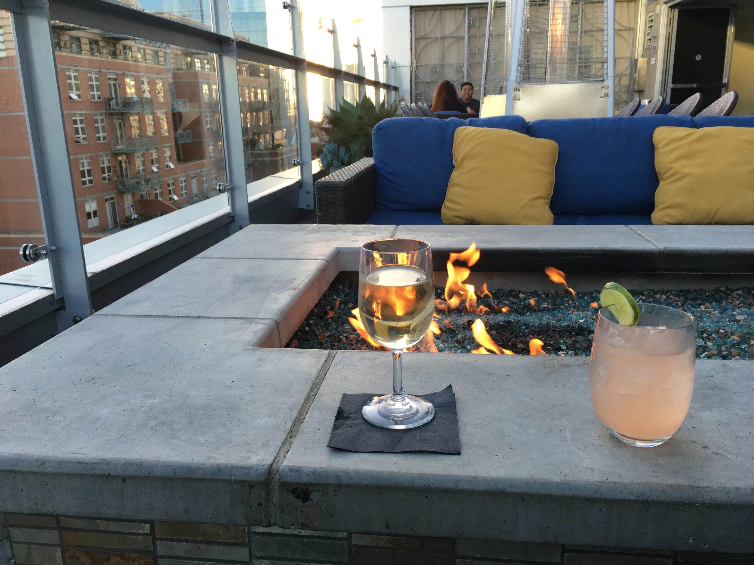 My wine and Alex's girly-looking drink (an Apple Spice Mule). It was kind of chilly but the bartender turned on the cozy fire for us.