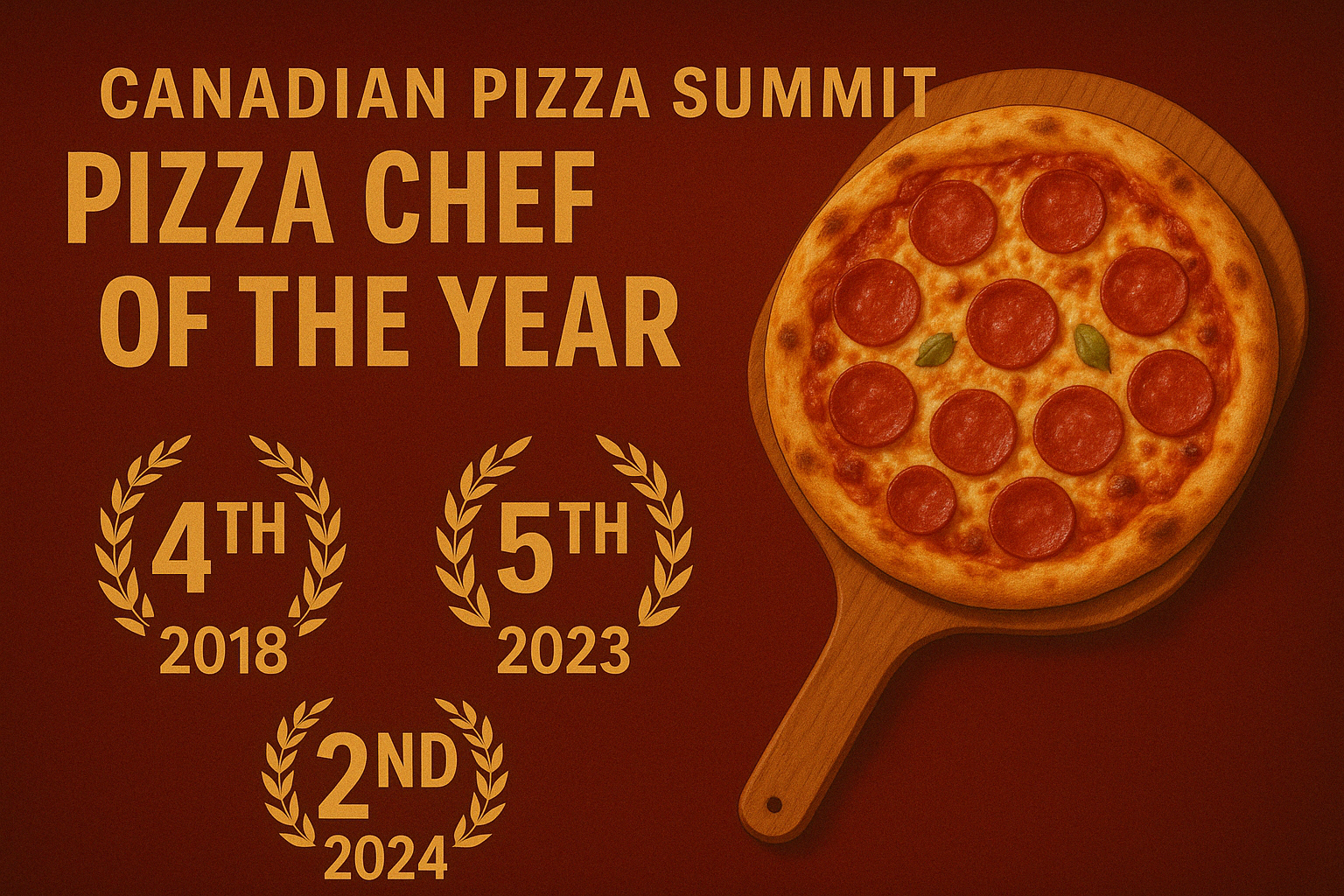 An image celebrating the Canadian Pizza Summit, with a pizza on a wooden paddle and text indicating the pizza chef of the year awards for 2018, 2023, and 2024, and the event is titled Canadian Pizza Summit.