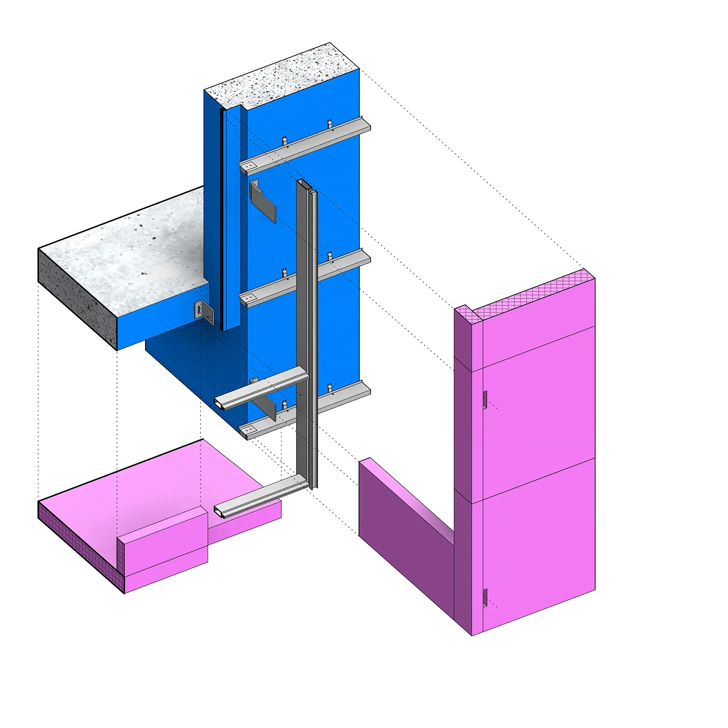  6. Curtain wall support frame is attached to support brackets. (Curtain wall is Schuco FW50+ Thermally broken system) 7. 150mm Extruded Polystyrene (XPS) [R5/in.] rigid insulation is mechanically fastened to concrete structure between Z-girts. 