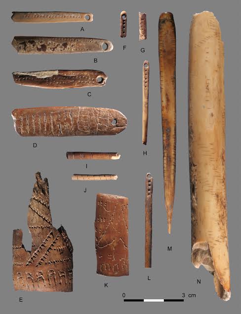 Decorated objects excavated from a Paleolithic site on the Yana River, Siberia