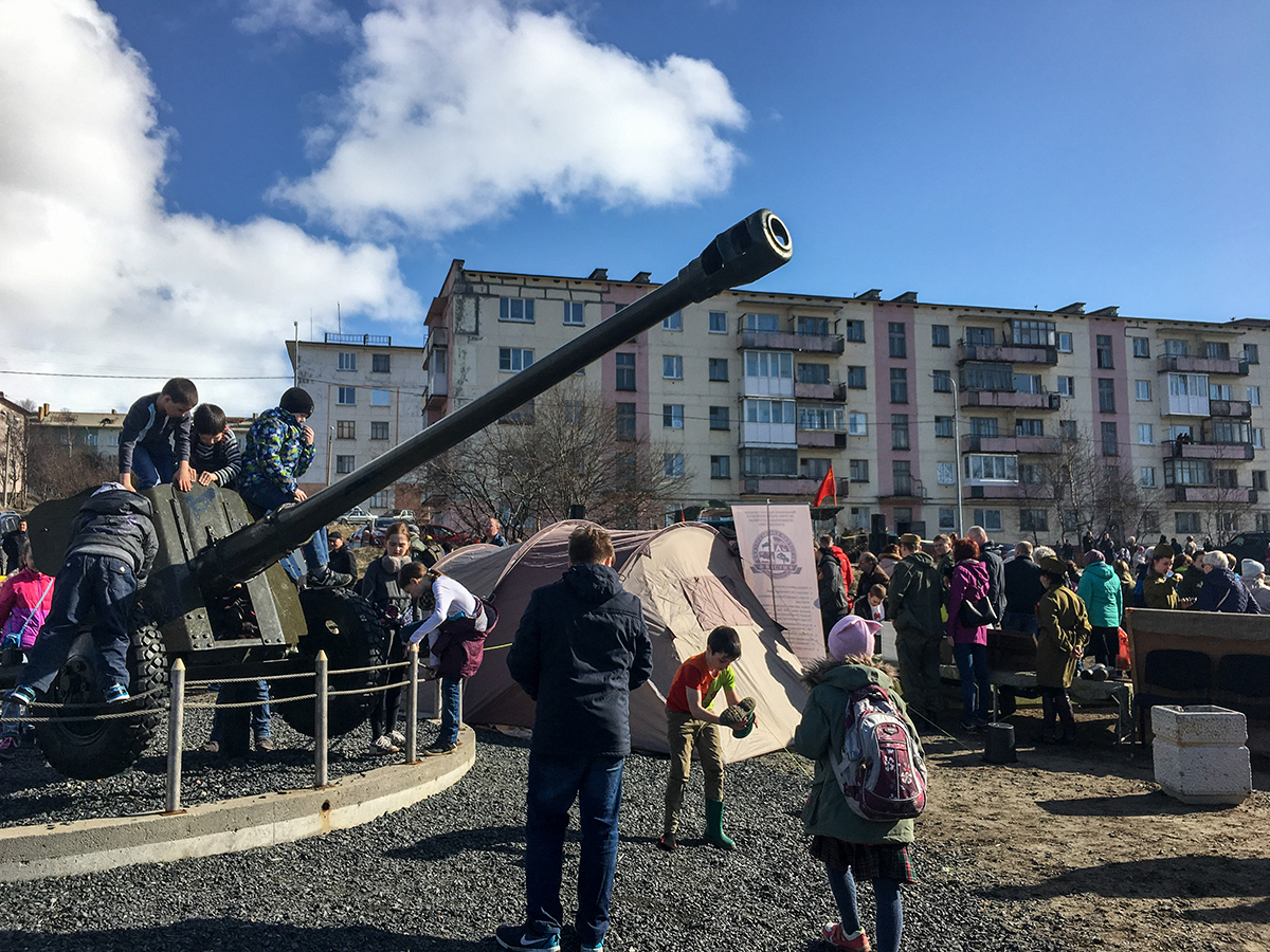 Families gather for a festival of Soviet music and World War II re-enactments in the center of this town of 12,000.