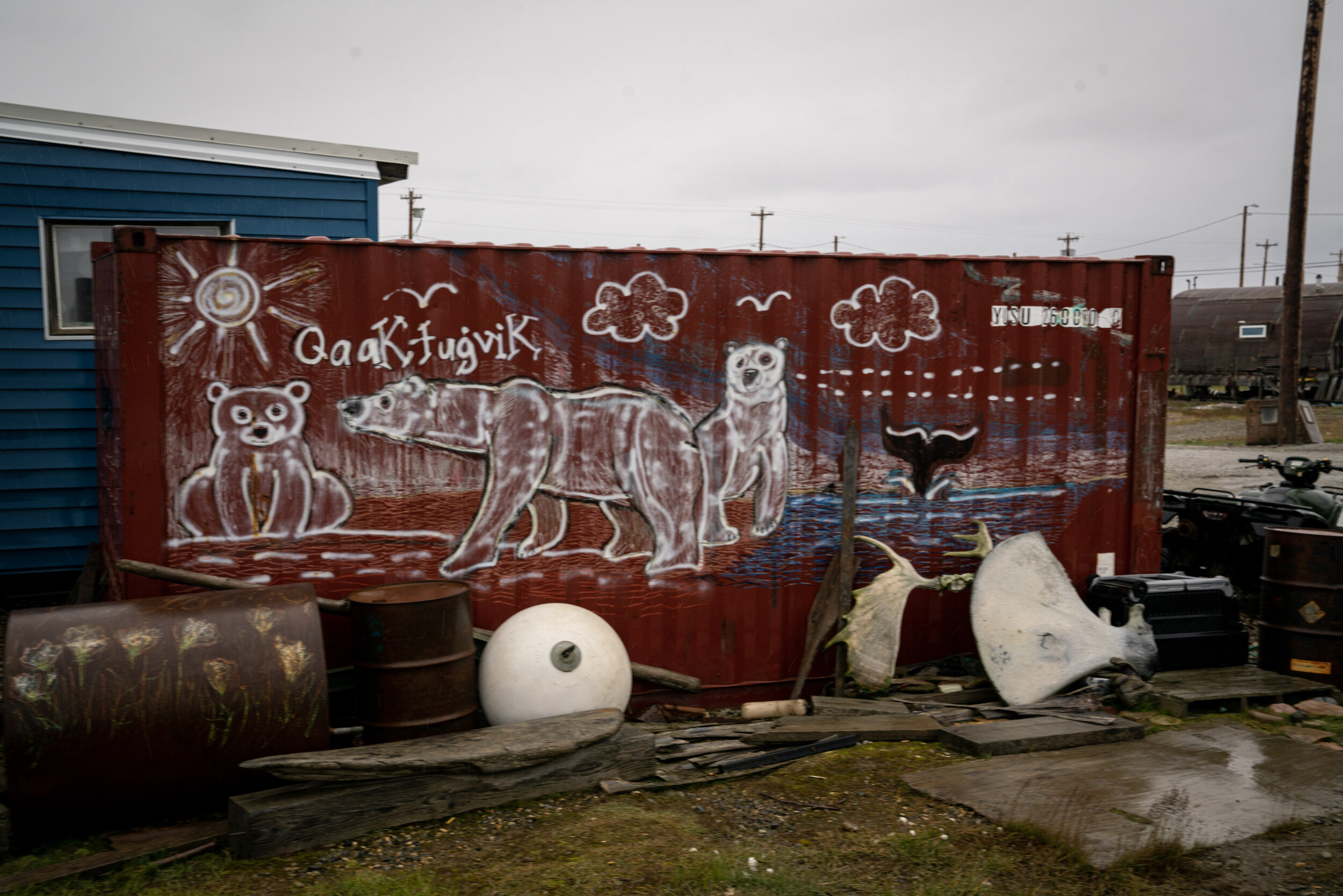 Graffiti of polar bear on cargo box.