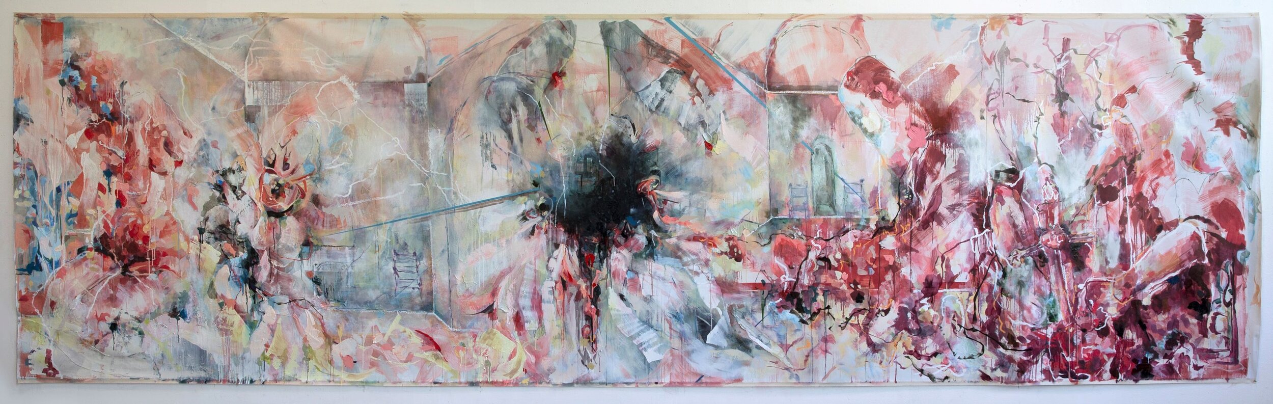  Winged Schism,  Oil and Mixed Media on Canvas, 64.5” x 216”, 2021 