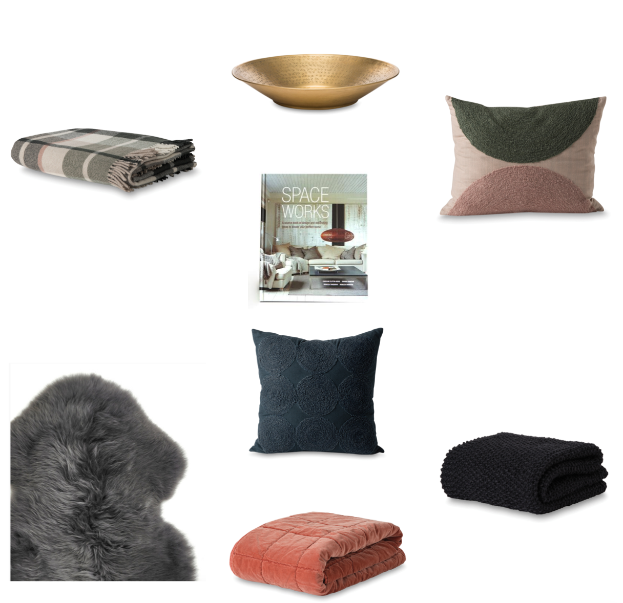 Clockwise from top:  Siesta Wool Throw from Citta ,  Gava Dish from Citta ,  Reflect Wool Embroidered Cushion from Citta ,  Space Works Book from Alex &amp; Corban ,  Luna Wool Embroidered Cushion from Citta ,  Moss Stitch Wool Throw from Citta ,  Washed Velvet Square Stitch Throw from Citta,&nbsp;  New Zealand Sheepskin from Thread Design.