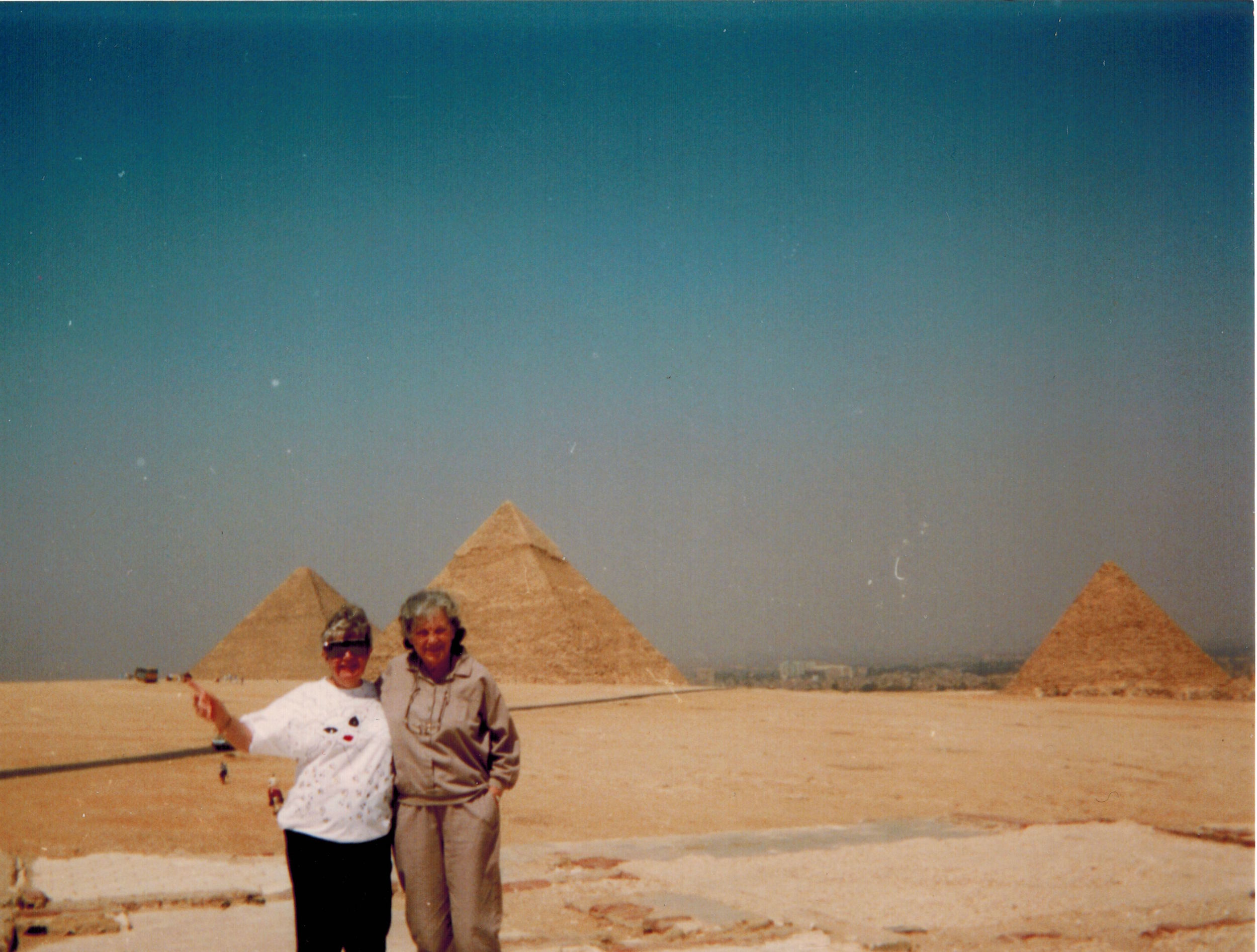 Wanda, Meg's Grandma, and Elaine, Julia's Nana, at the pyramids in Egypt in the late 1980s