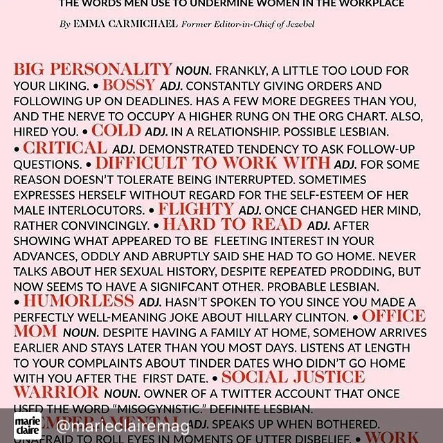 We talk to women about what they like about their work, and talk less often about downsides of many jobs, like systemic sexism we so often encounter in the workplace. But this glossary from @marieclairemag feels verrrry familiar. 
#marieclaire #workp