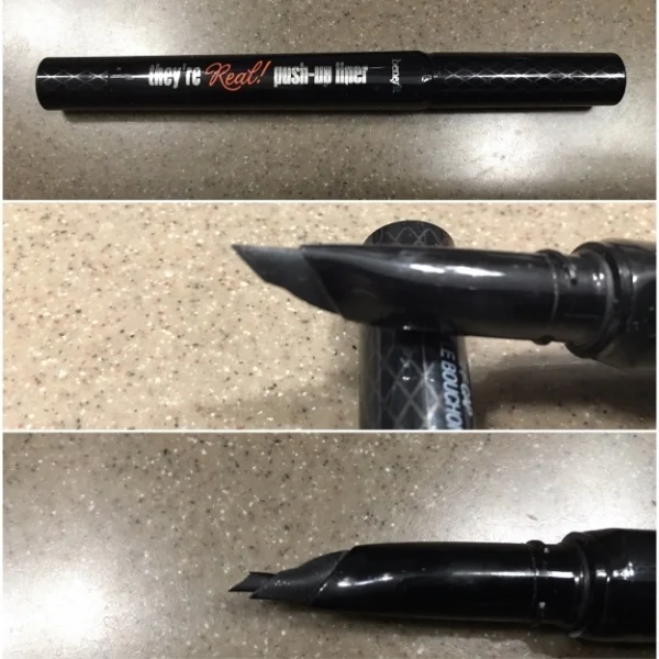    Benefit They're Real Push Up Gel Eyeliner      Description:    Benefit They’re Real! Push-Up Liner is the first foolproof and budge-proof gel eyeliner in a pen. This eyeliner’s soft AccuFlex™ tip is custom-angled to draw an easy line. Its flat, wi